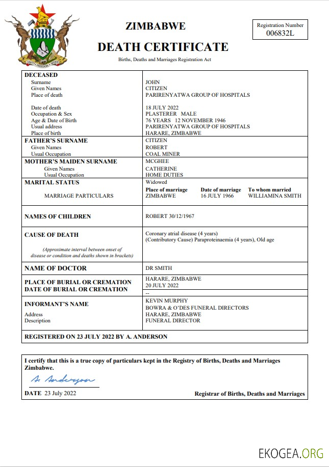 Modèle Word et PDF de certificat de décès de l'état civil du Zimbabwe